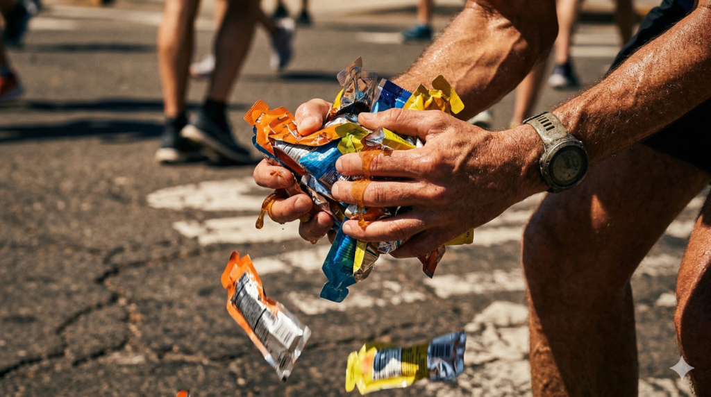 Corredor de maratona exausto e confuso segurando uma quantidade exagerada de gel de carboidrato durante a prova.
