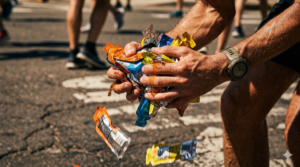 Corredor de maratona exausto e confuso segurando uma quantidade exagerada de gel de carboidrato durante a prova.