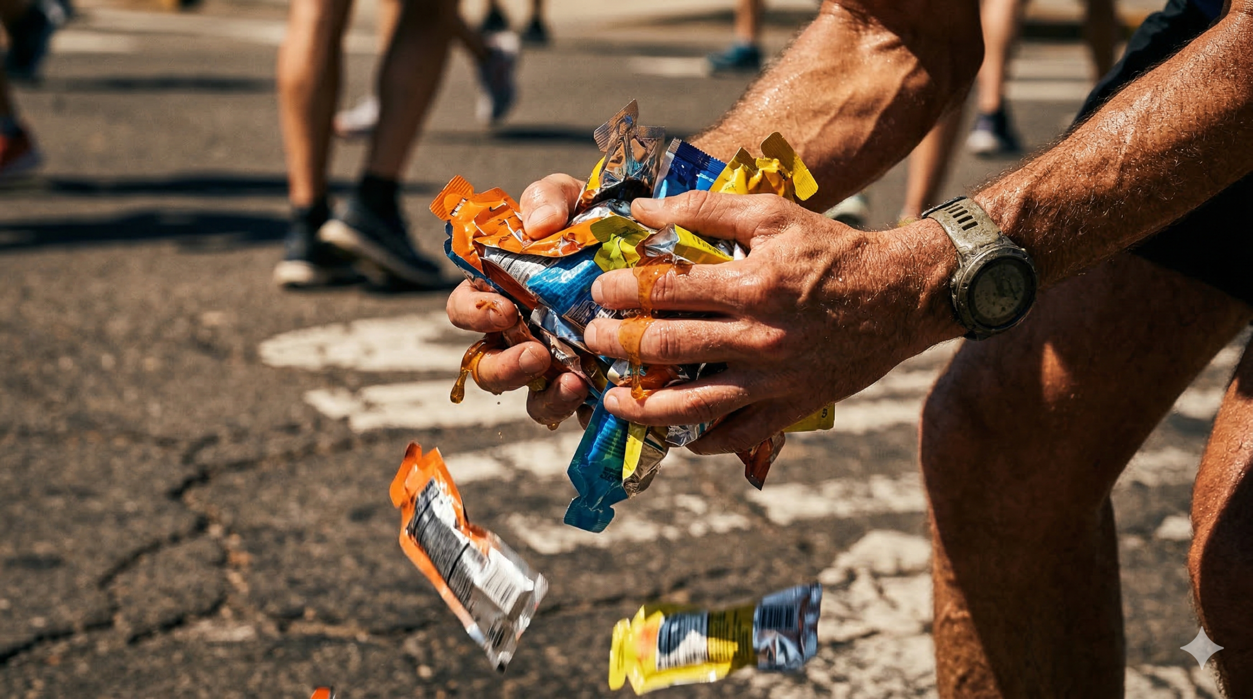 Corredor de maratona exausto e confuso segurando uma quantidade exagerada de gel de carboidrato durante a prova.