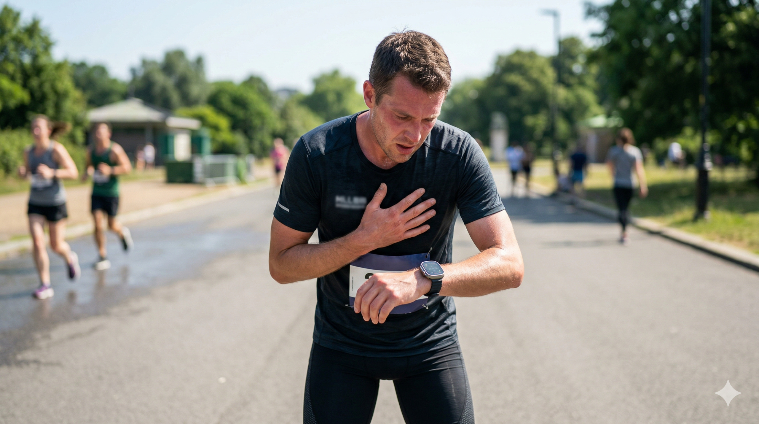 Corredor exausto olhando o relógio GPS após um treino na zona cinzenta em vez da zona 2 na corrida.