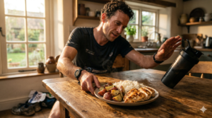 Corredor suado trocando o suplemento em pó por um prato de comida real na nutrição pós-treino.
