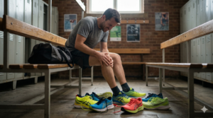 Corredor amador lesionado segurando o joelho com expressão de dor, rodeado por tênis de corrida caros.