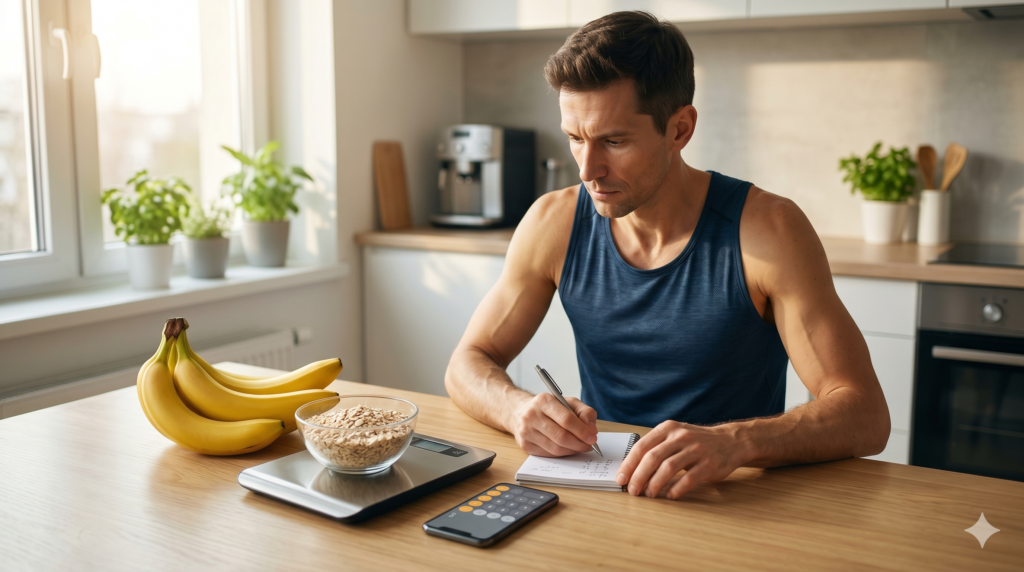 Corredor amador usando uma calculadora e uma balança de alimentos para calcular o carboidrato na corrida.