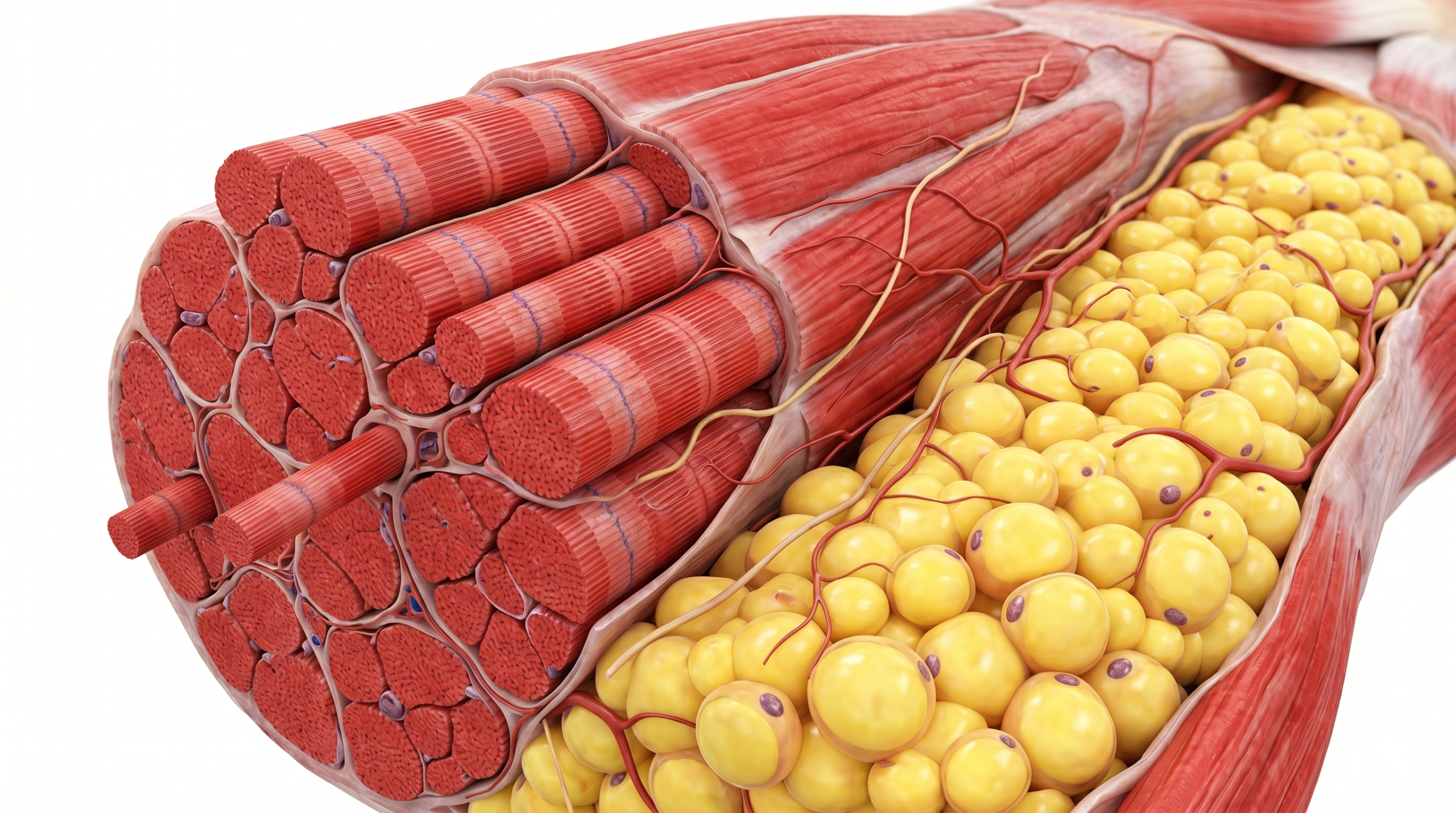 Renderização 3D científica e realista mostrando a diferença estrutural entre fibras musculares densas e tecido adiposo (gordura), ilustrando a biologia da mudança de composição corporal.